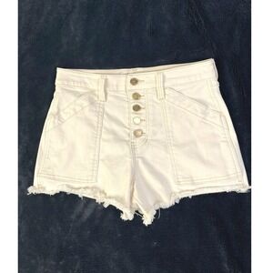 Liverpool‎ Christine Hi-Rise Denim Shorts Frayed Hem Button Fly Cream Beige 2/26